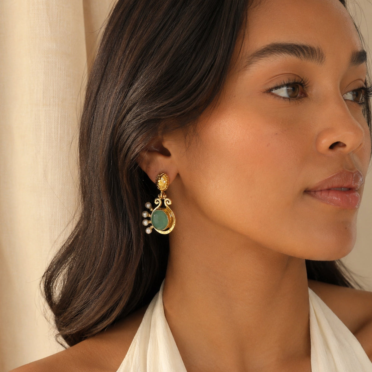 Baglama Aqua Chalecdony and Pearl Earrings