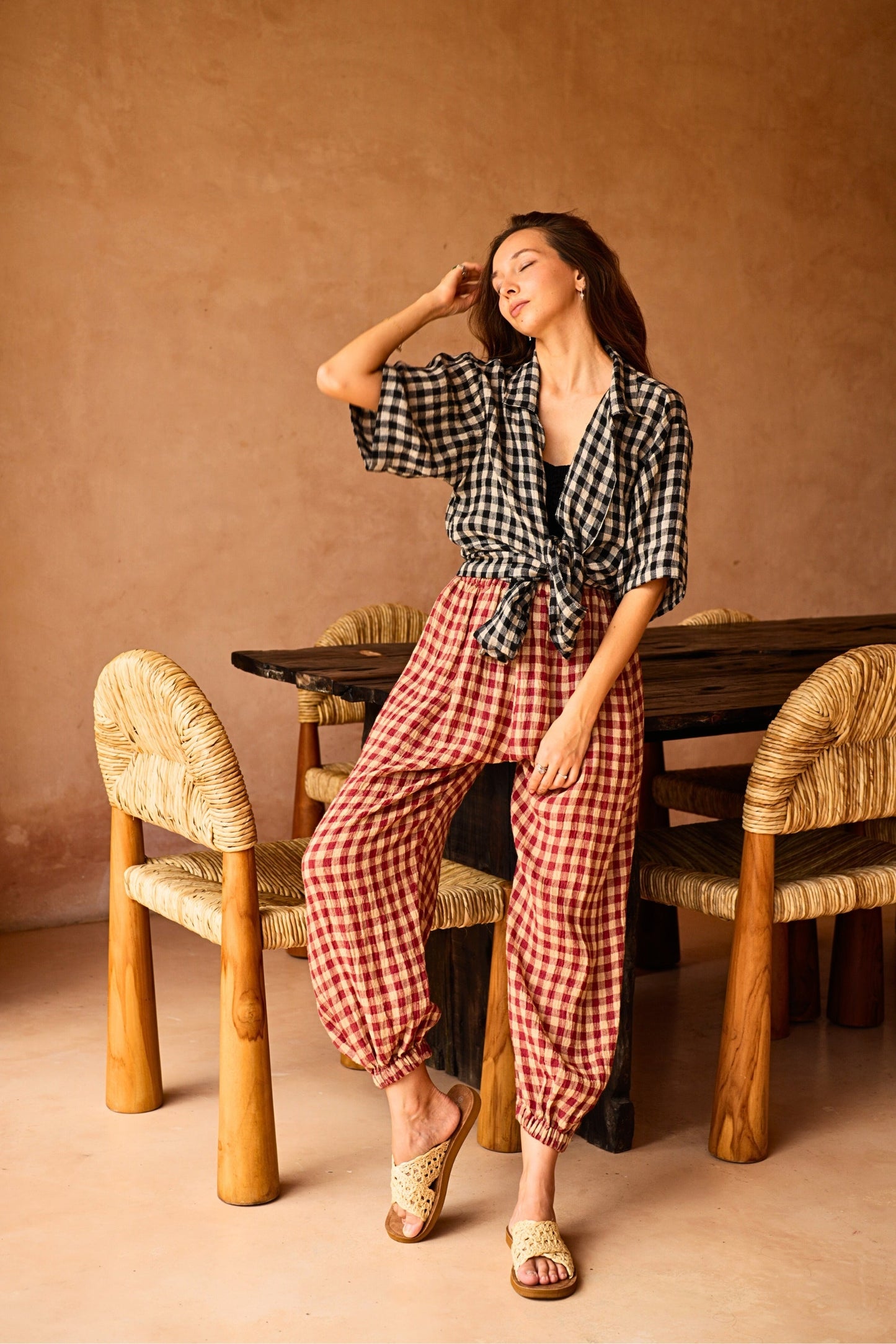 Vanessa Linen Gingham Balloon Pants in Red