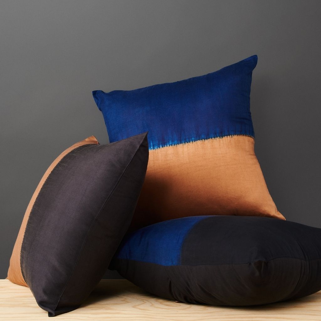 Aakar Indigo Gold Color Block Mulberry Silk Pillow