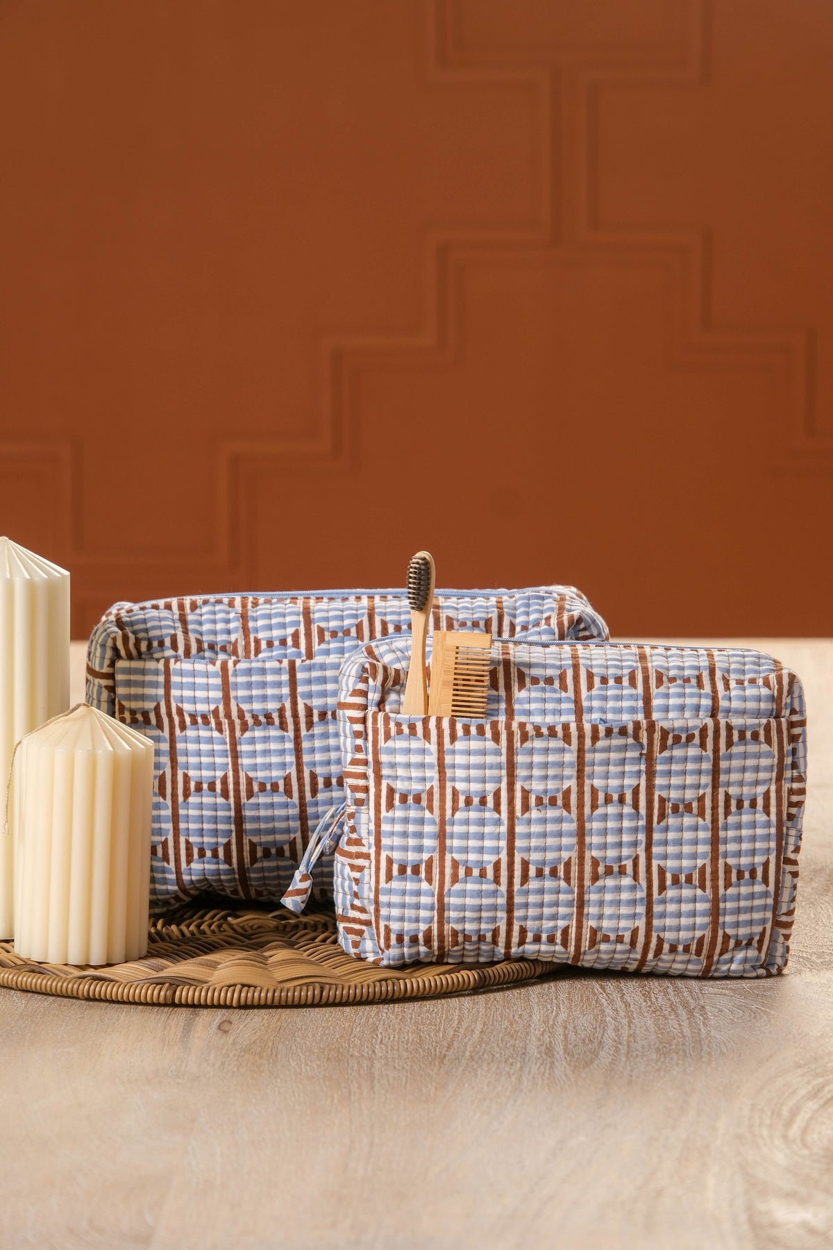 Striped Circles Blockprint Travel Pouch in Brown and Blue