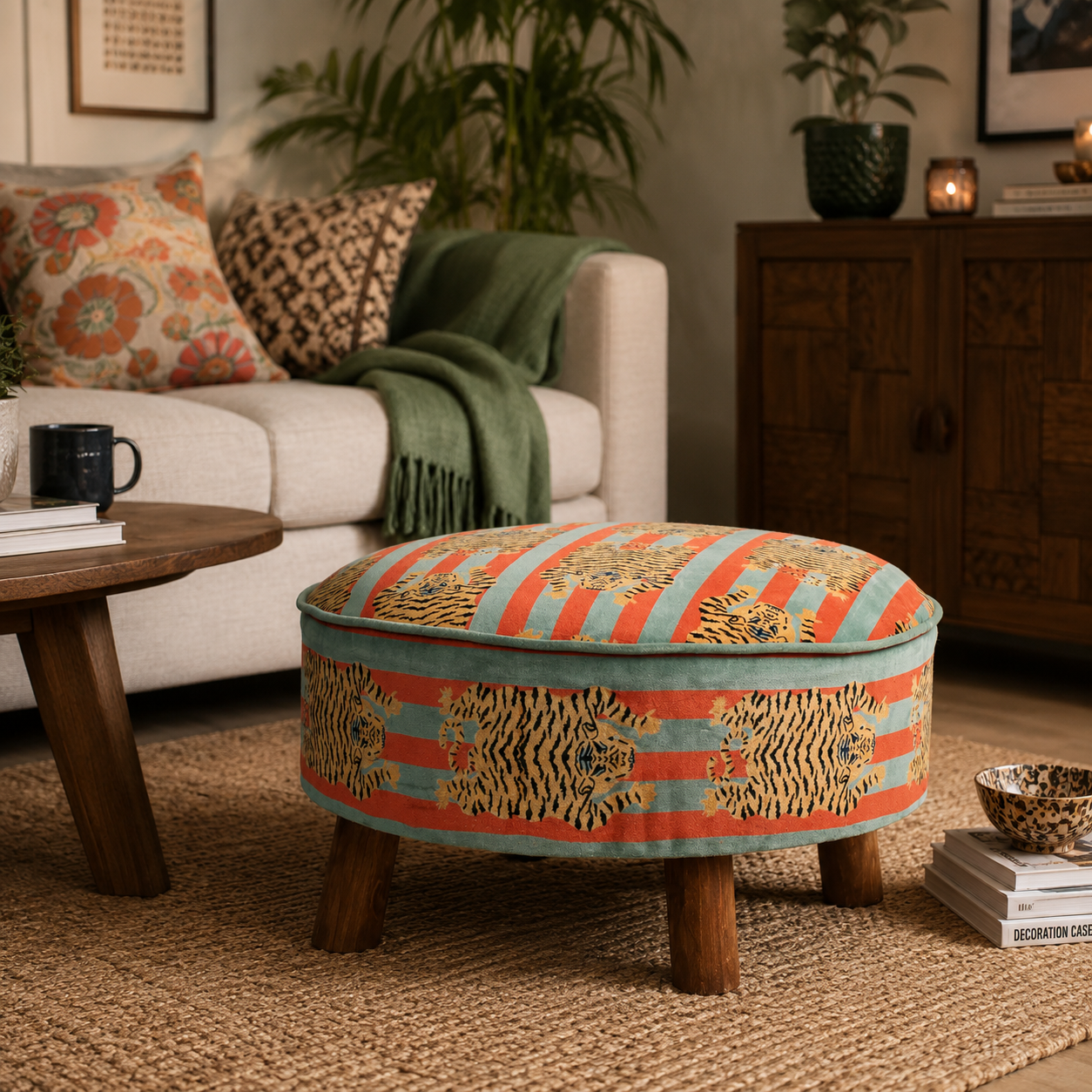 Velvet Safari Ottoman | 24x24x15"| Cotton Fabric