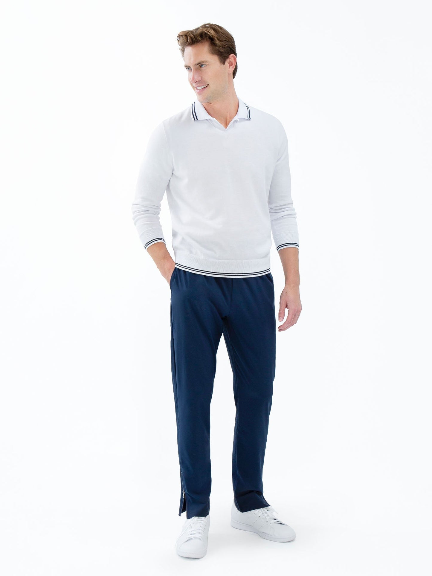 Classic V Neck Sweater - White/Midnight