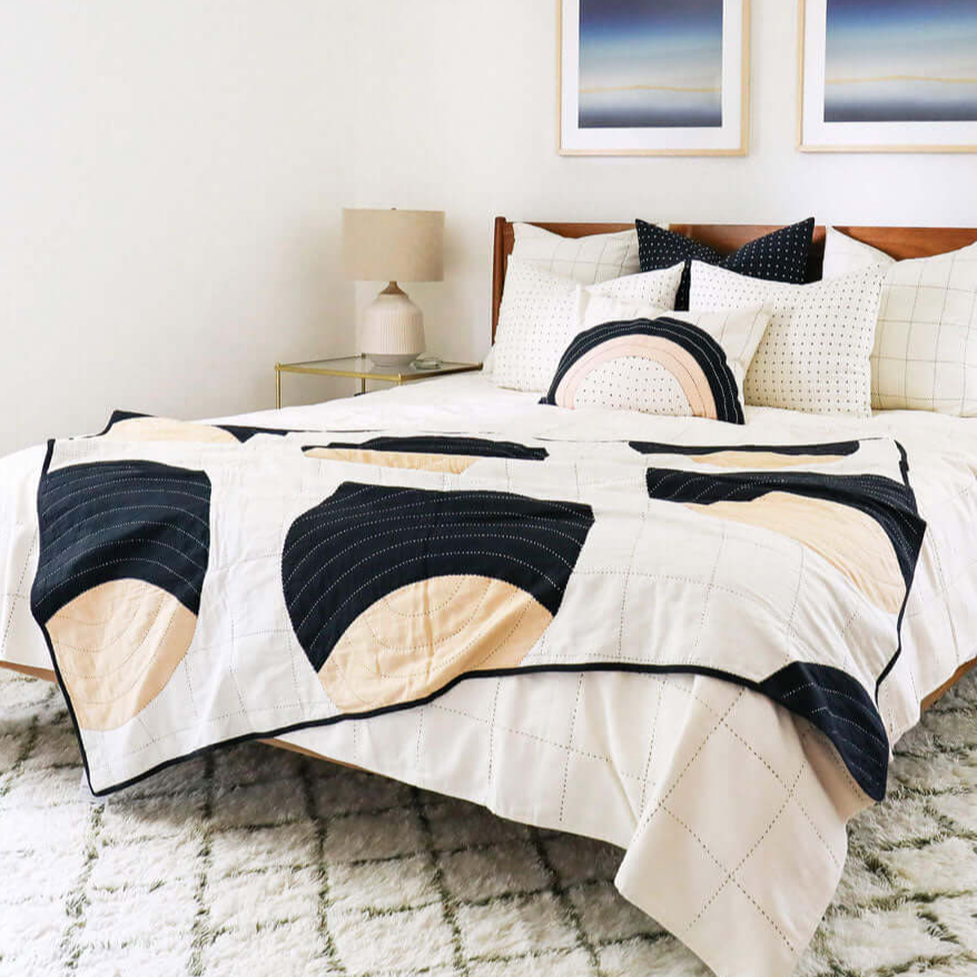 Kantha Quilted Throw Blanket | Crescent Lattice