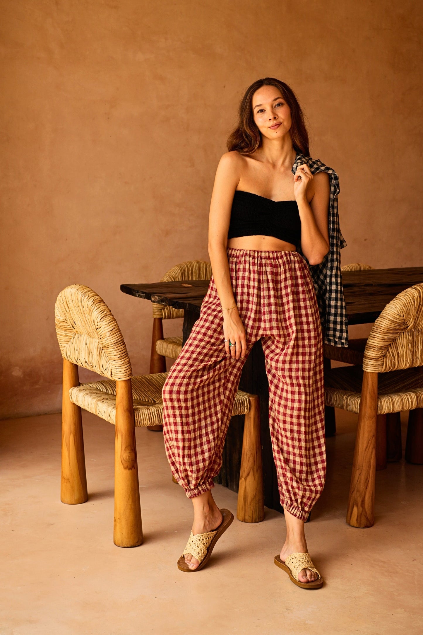 Vanessa Linen Gingham Balloon Pants in Red