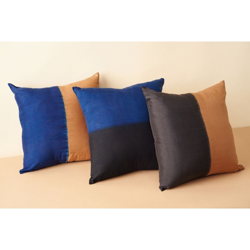 Aakar Indigo Gold Color Block Mulberry Silk Pillow