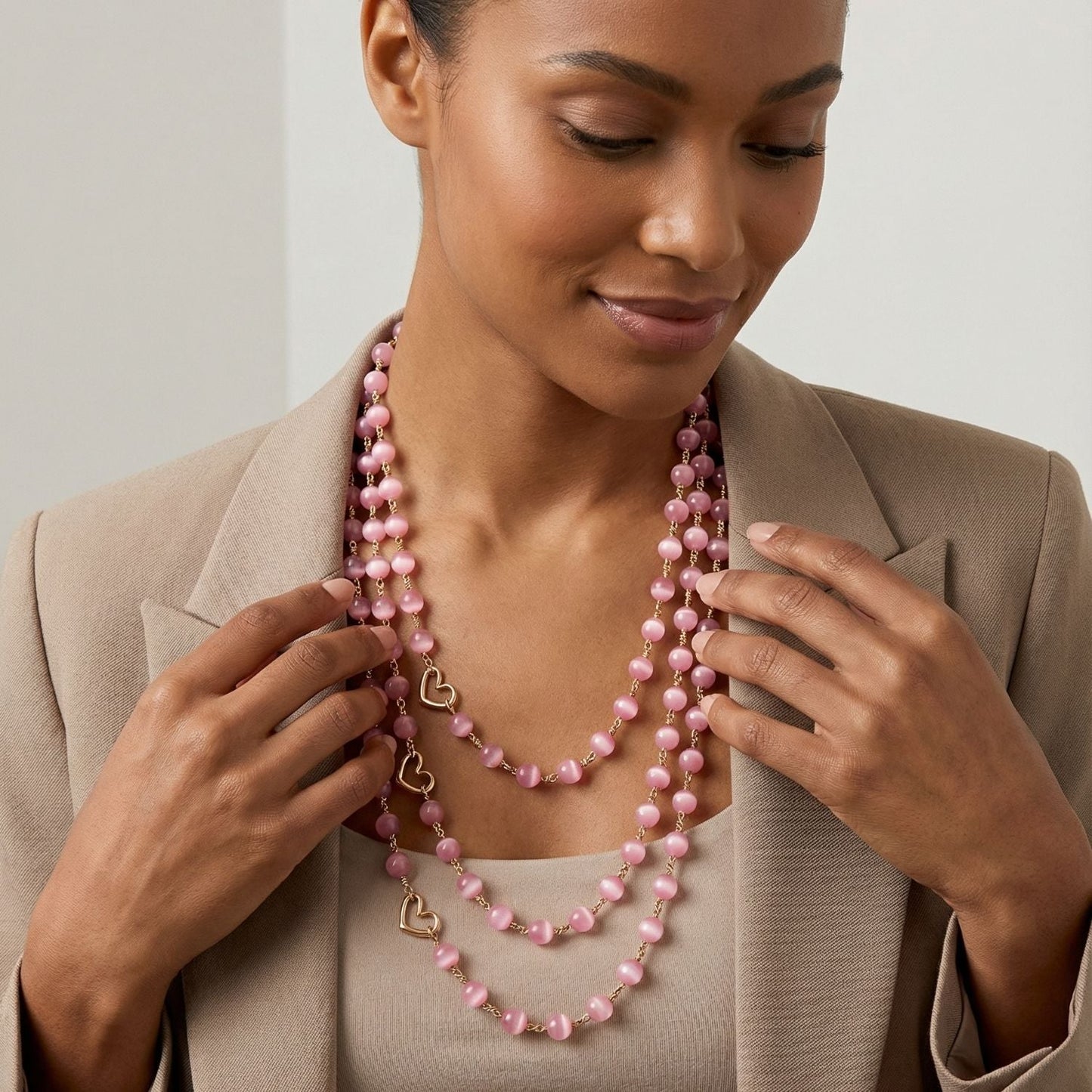 Rosado Pink Glass 3-Layer Socialite Necklace | Magnetic Clasp
