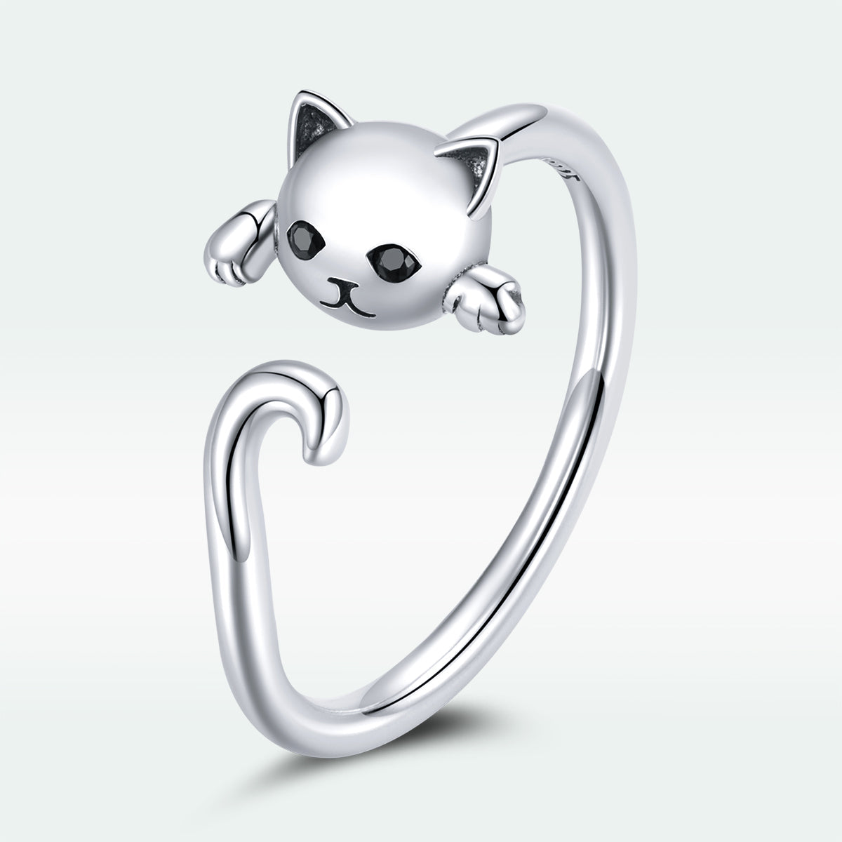 925 Sterling Silver Oxidized Cat Ring with CZ for Women, 0.6x1cm
