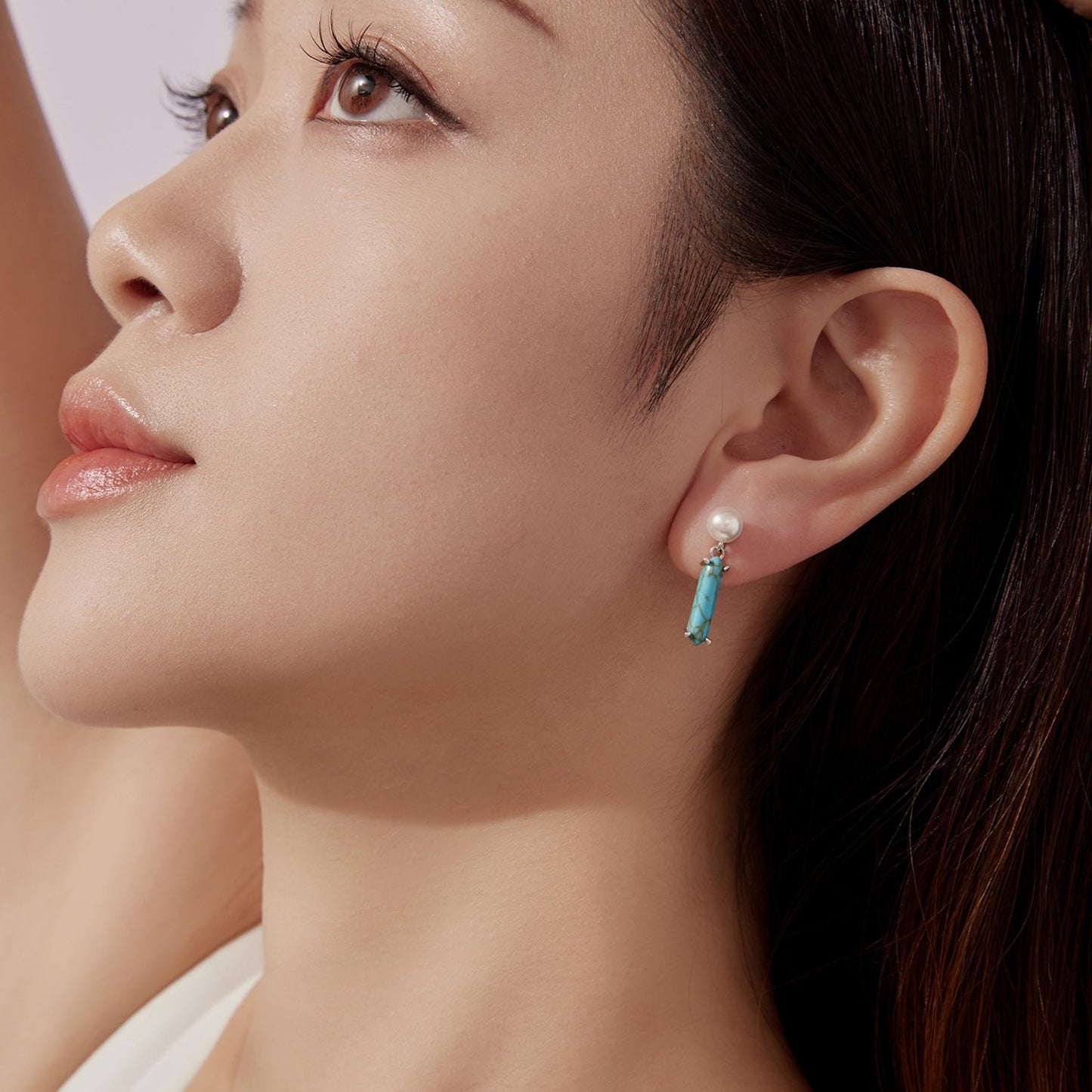 925 Sterling Silver Earrings with Synthetic Turquoise and Pearl, 2.4*0.6cm for Women