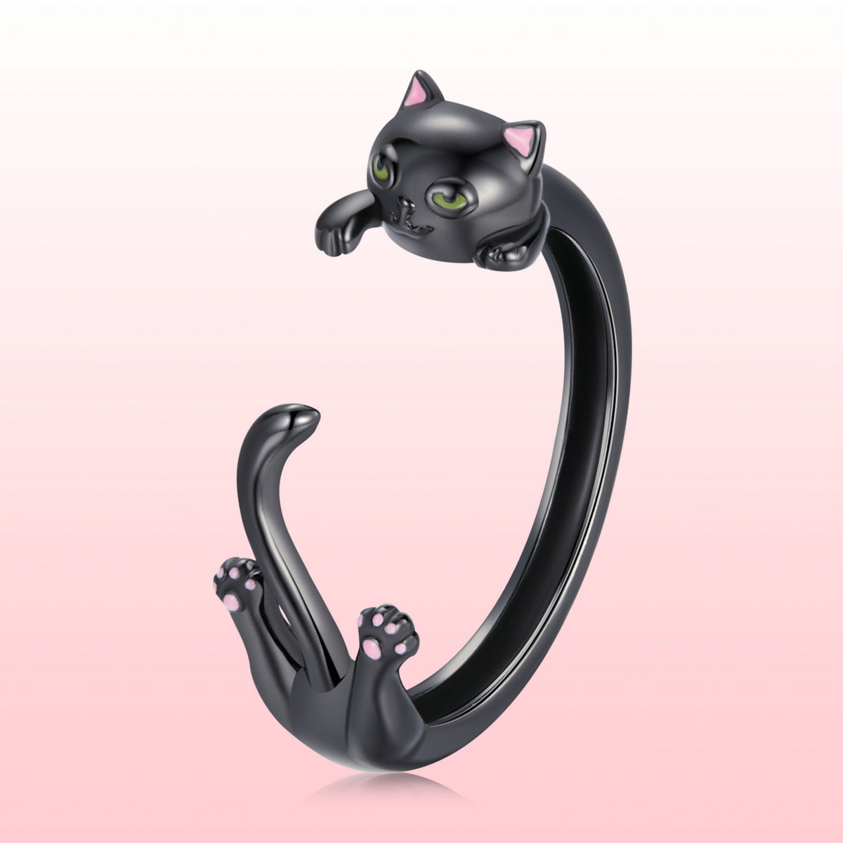 S925 Sterling Silver Plated Black Gold Cat-themed Ring for Women
