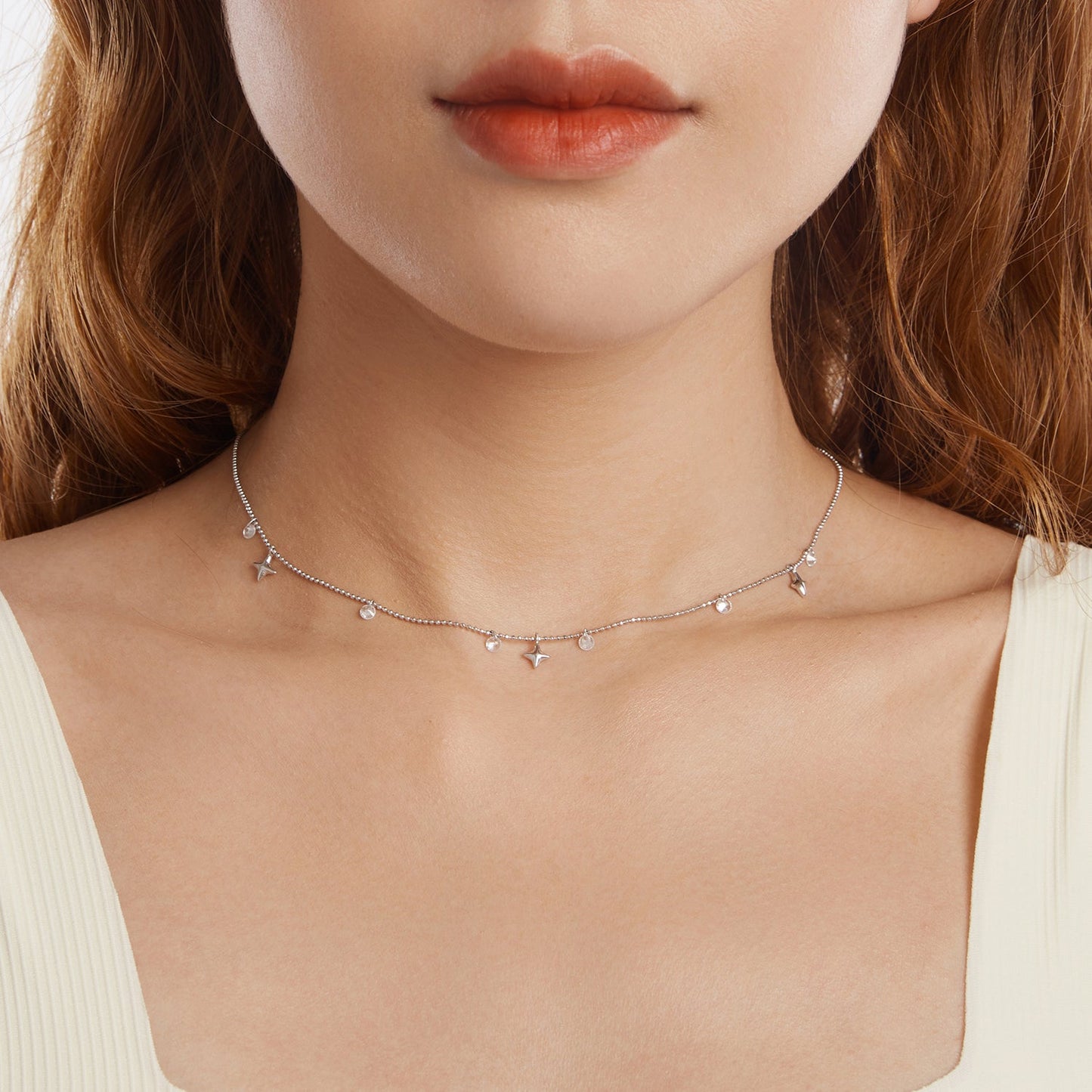925 Sterling Silver Plated White Gold Pendant Necklace with CZ Charm for Women 38+6cm
