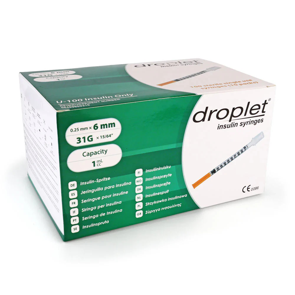 Droplet® U-100 Insulin Syringes, 31 Gauge x 6mm Needle, 0.5mL (50 Unit) Capacity, Box of 100
