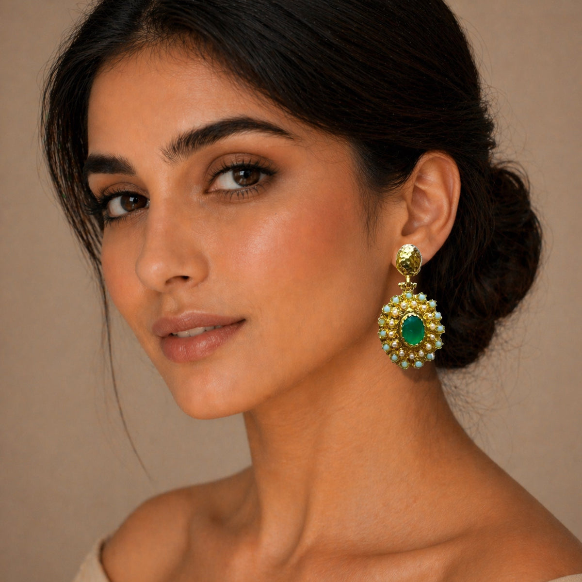 Gulya Emerald and Pearl Pendant Earrings
