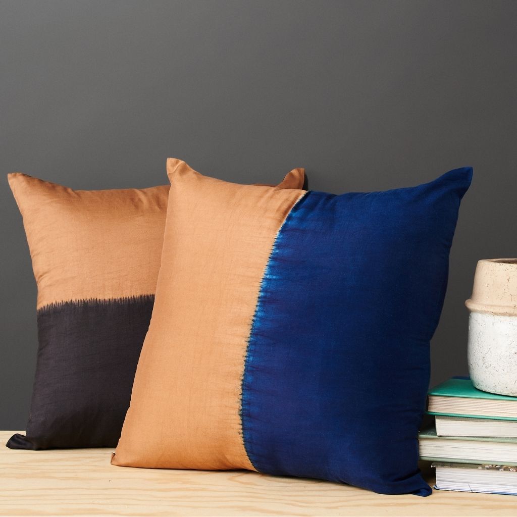 Aakar Indigo Gold Color Block Mulberry Silk Pillow