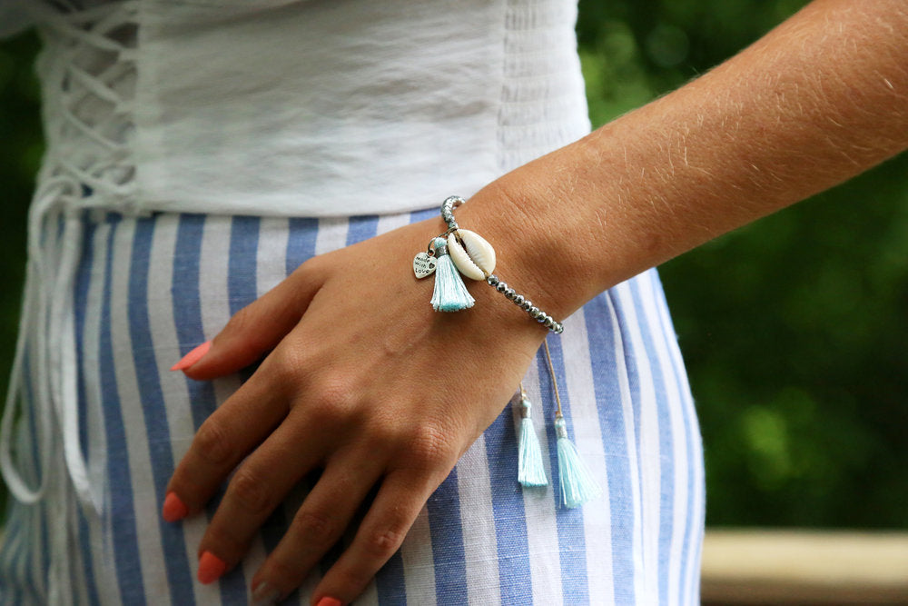 Beaded Shell Tassel Bracelet Silver