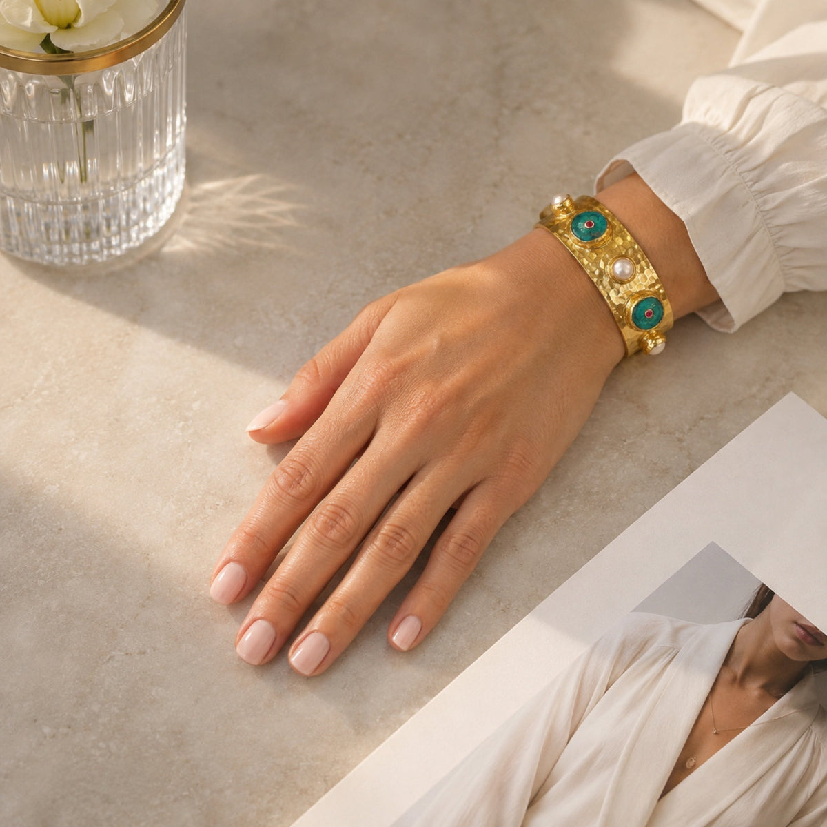 Turquoise and Pearl Cuff Bangle