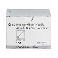 BD PrecisionGlide Hypodermic Needles, 27 Gauge x 1/2 in., 100 Count