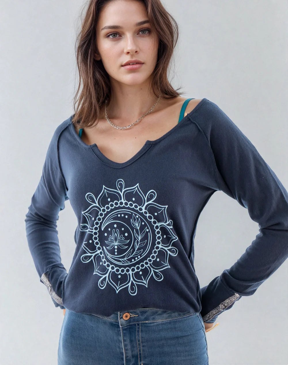 Moon Mandala Navy Cotton V-Neck