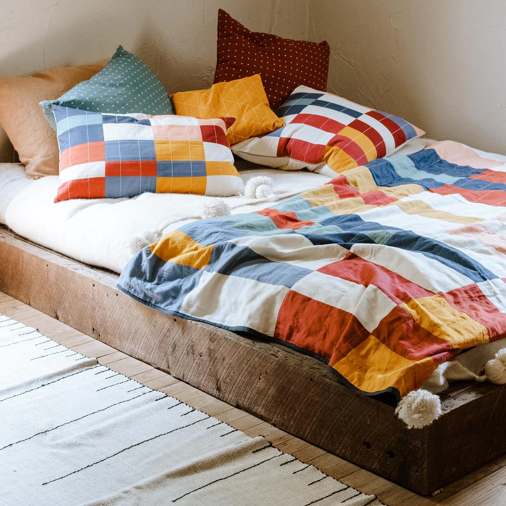 Kantha Quilted Throw Blanket | Multi-Check