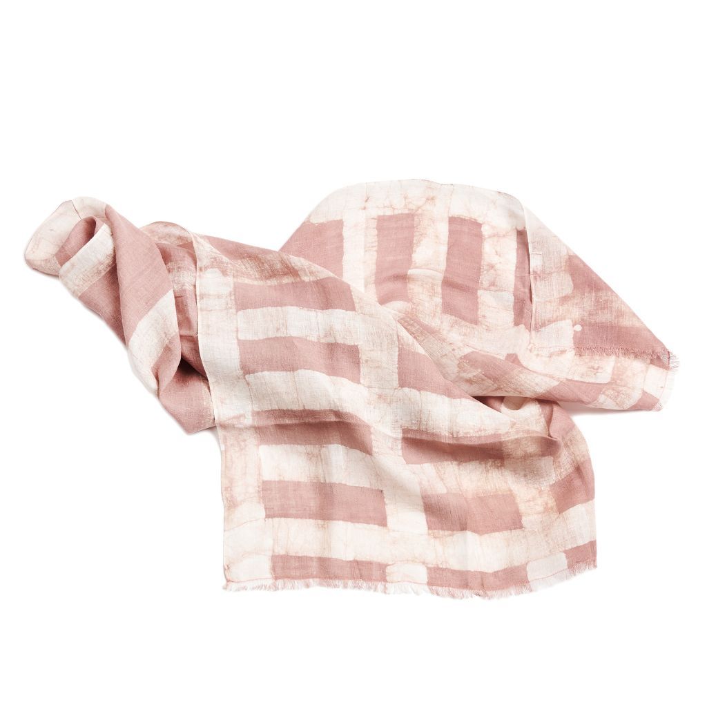 Salmon Pink Wax Block Printed Hand Woven Linen Scarf