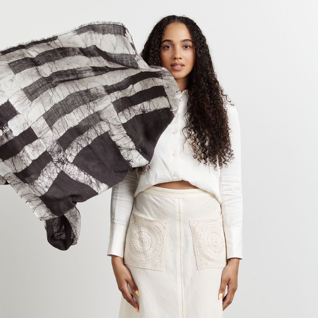 Carbo Black & White Handwoven Wax Block Printed Linen Scarf