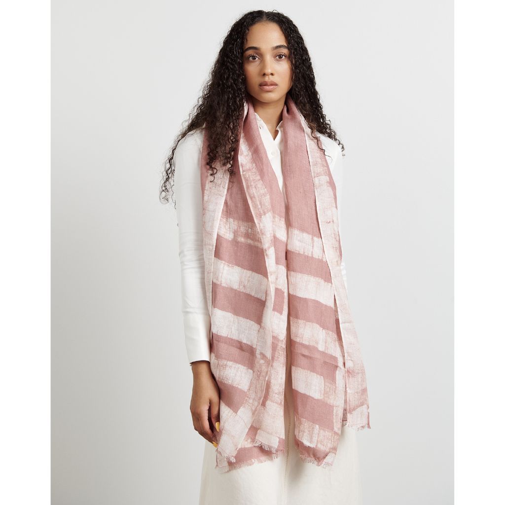 Salmon Pink Wax Block Printed Hand Woven Linen Scarf