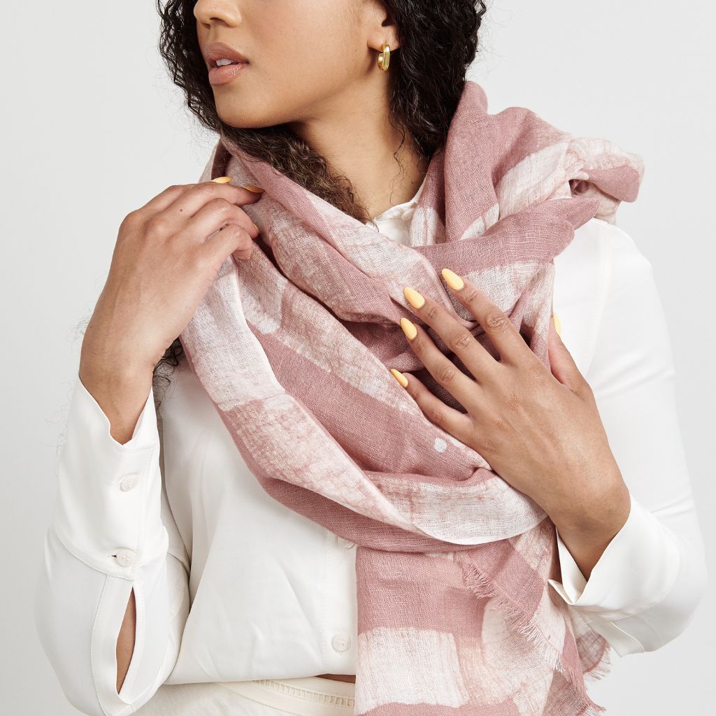 Salmon Pink Wax Block Printed Hand Woven Linen Scarf