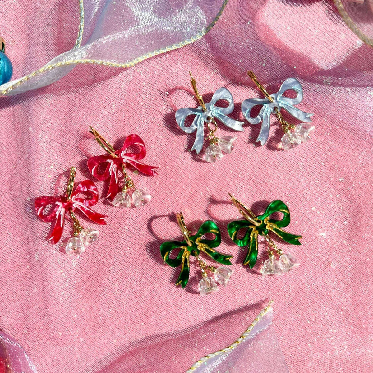 Pink Bow Jingle Bell Acrylic Christmas Earrings