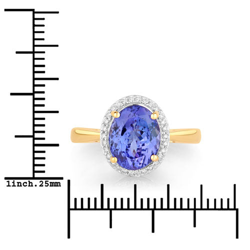 3.43 Carat Genuine Tanzanite and White Diamond 14K Yellow Gold Ring