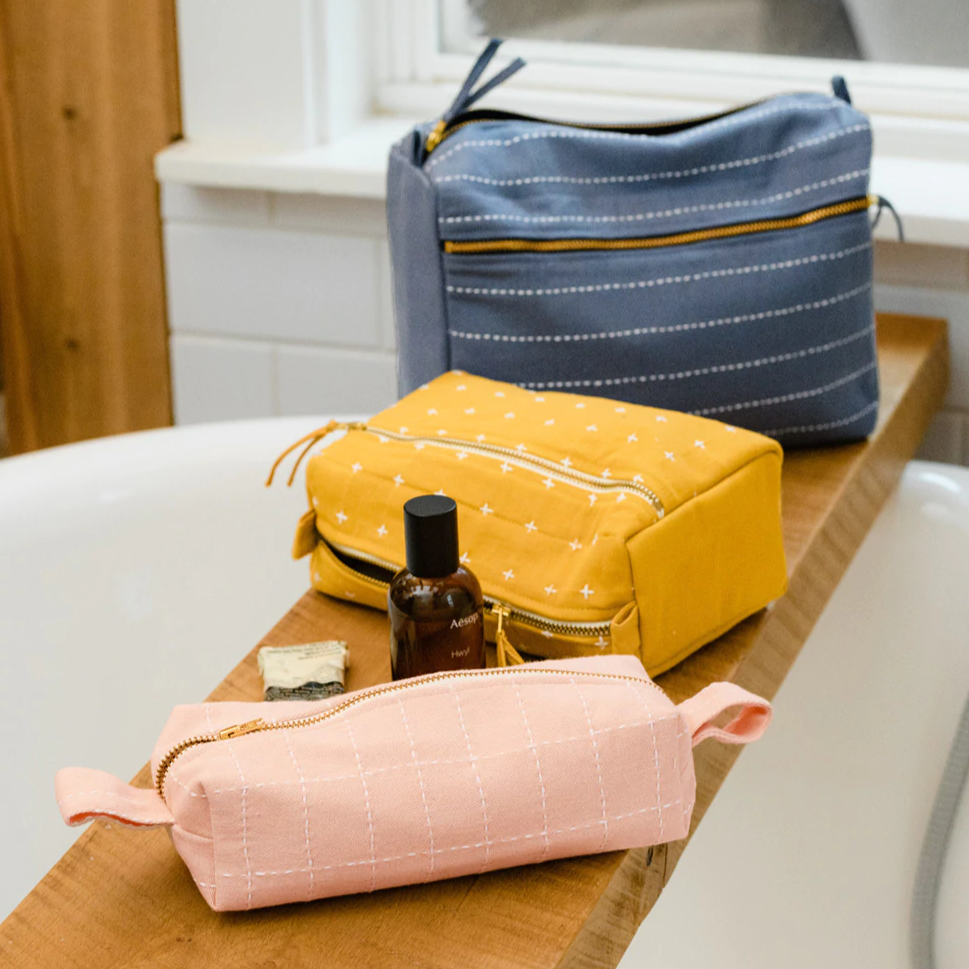Small Toiletry Bag | Blush Pink Grid Stitch