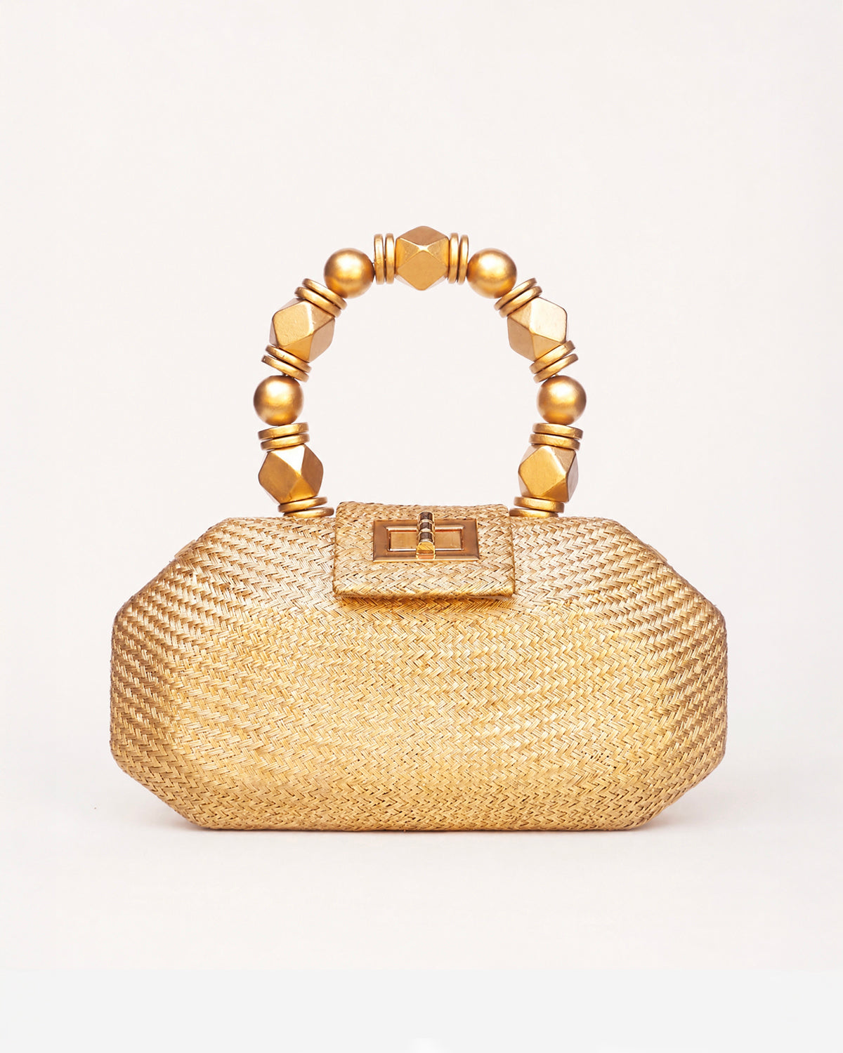THE MELIA — Gold Woven Straw Clutch with Beaded Top Handle