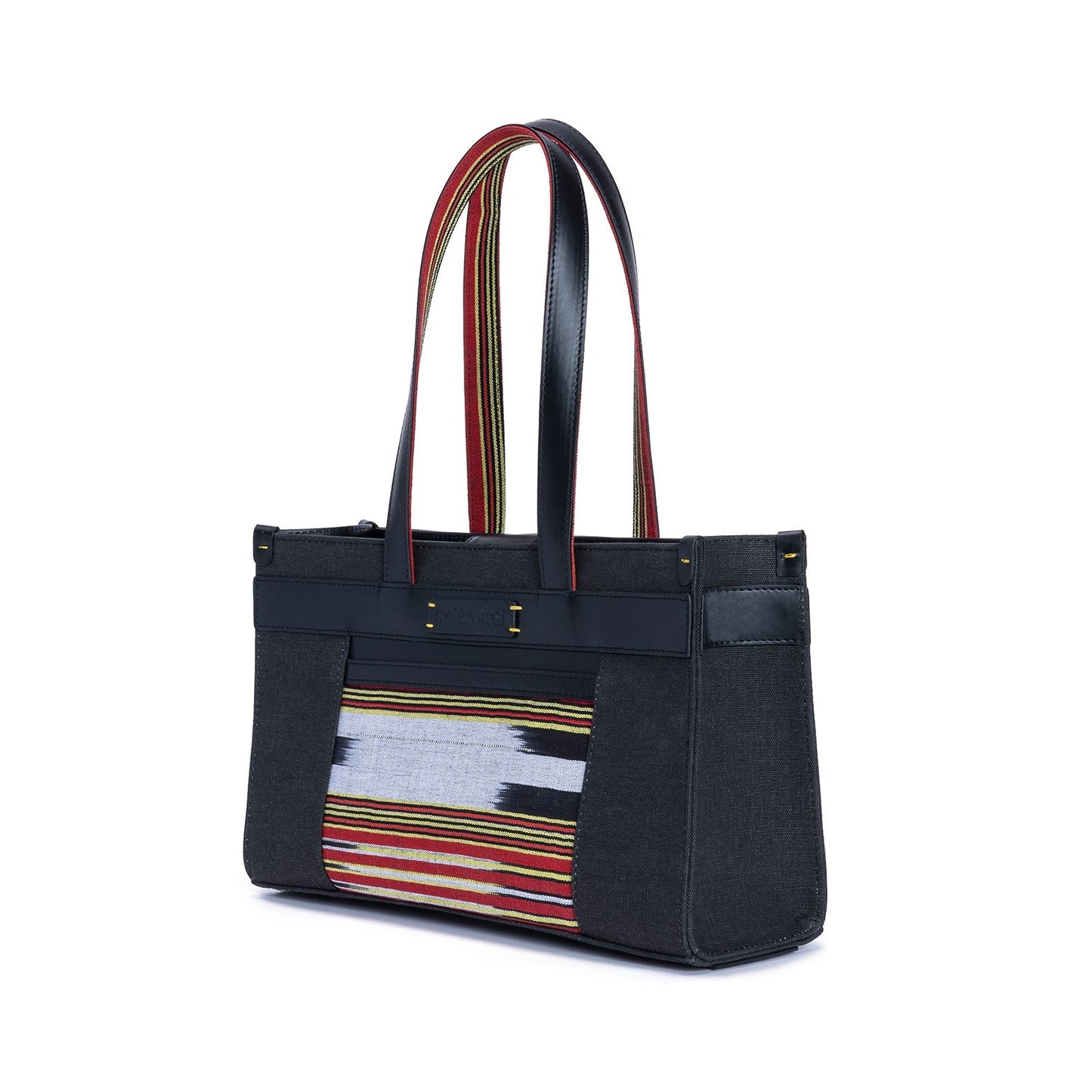 Midi Black Leather & Canvas Tote Bag with Pockets