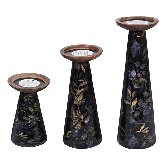 Floral Pillar Candleholder Set - Black