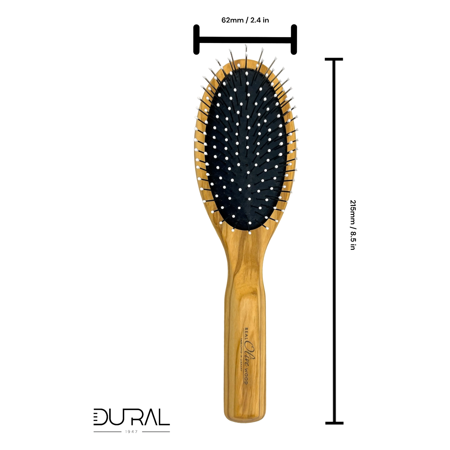 Dural Olive wood rubber cushion hair brush with steel pins and ball tips