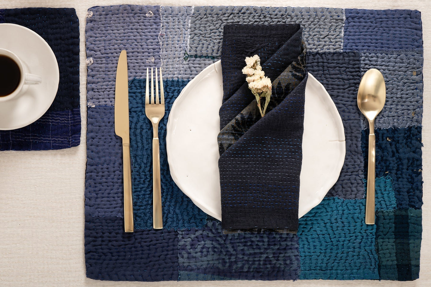 S/2 Landscape Fray Patch Vintage Kantha Placemat - Navy