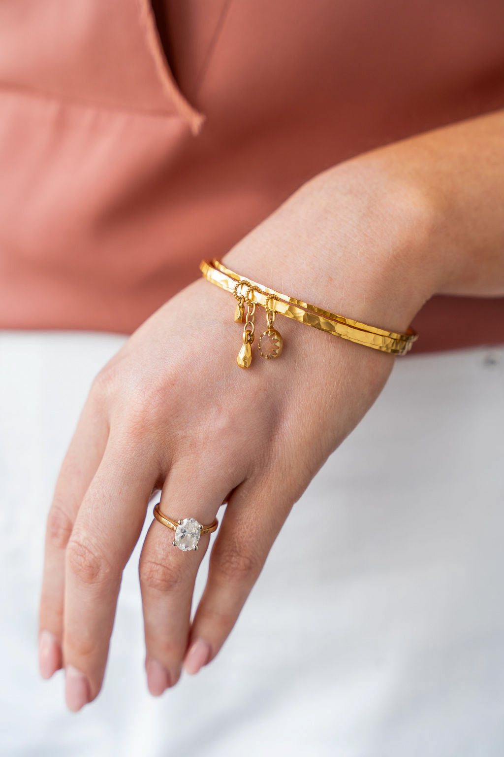 Peach Moonstone Talisman Bangle Bracelet