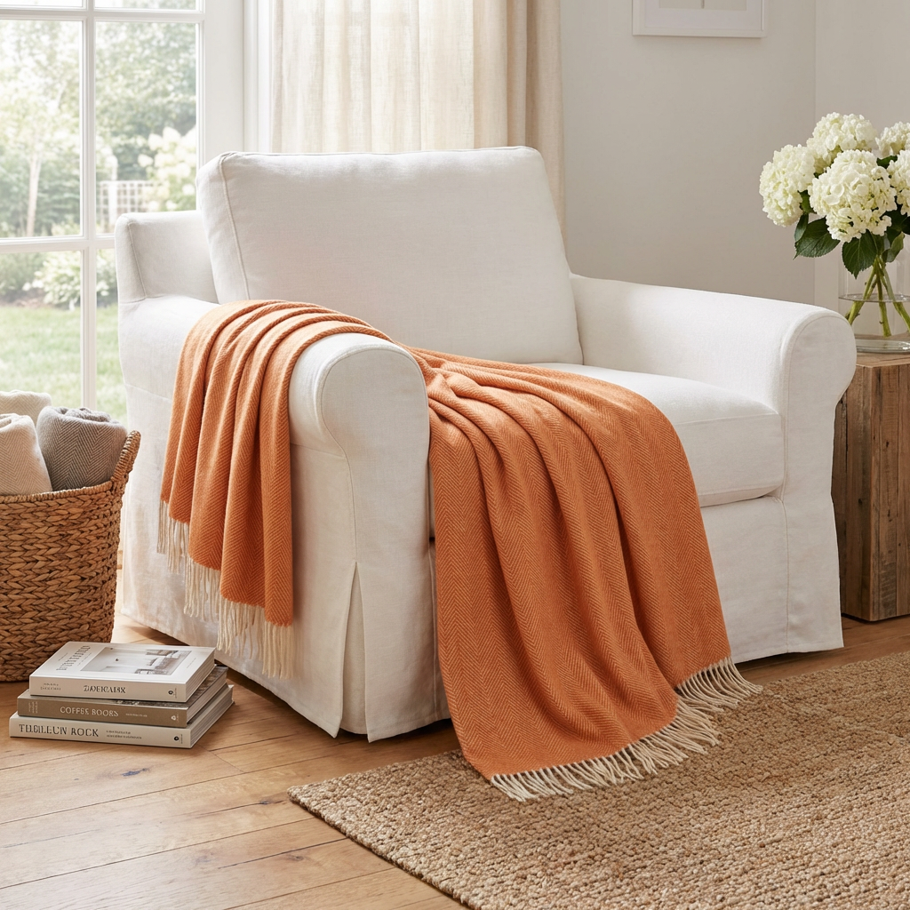 Southampton Home Merino Wool Herringbone Throw (Heirloom Tomato)