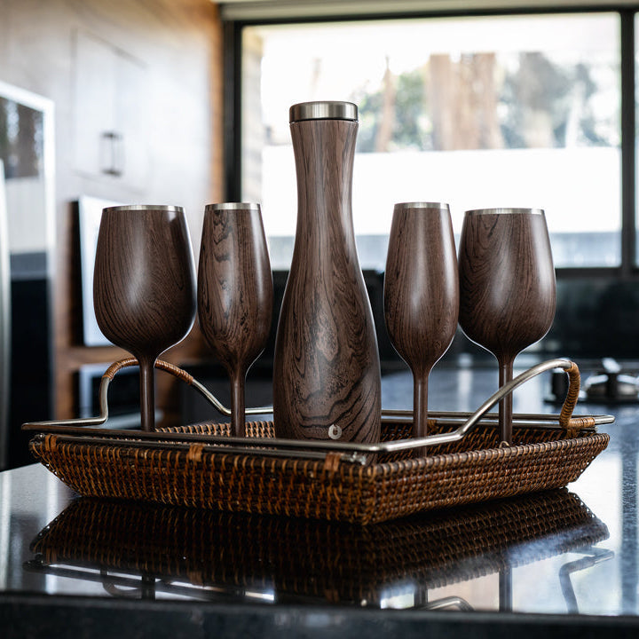 Stainless Steel Stemmed Wine Glass, Dark Walnut