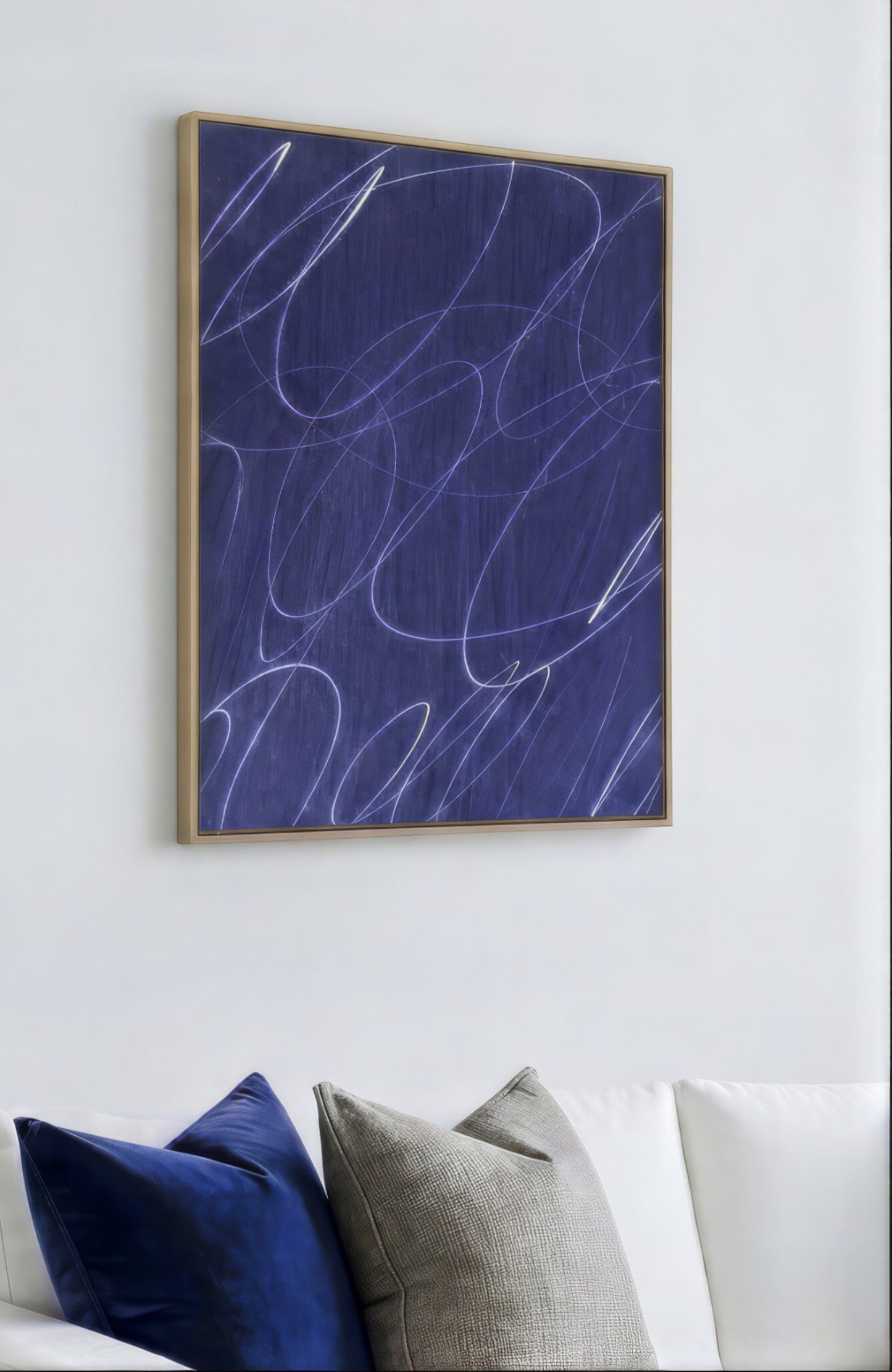 Gestural Marks in Deep Ocean Framed Wall Art