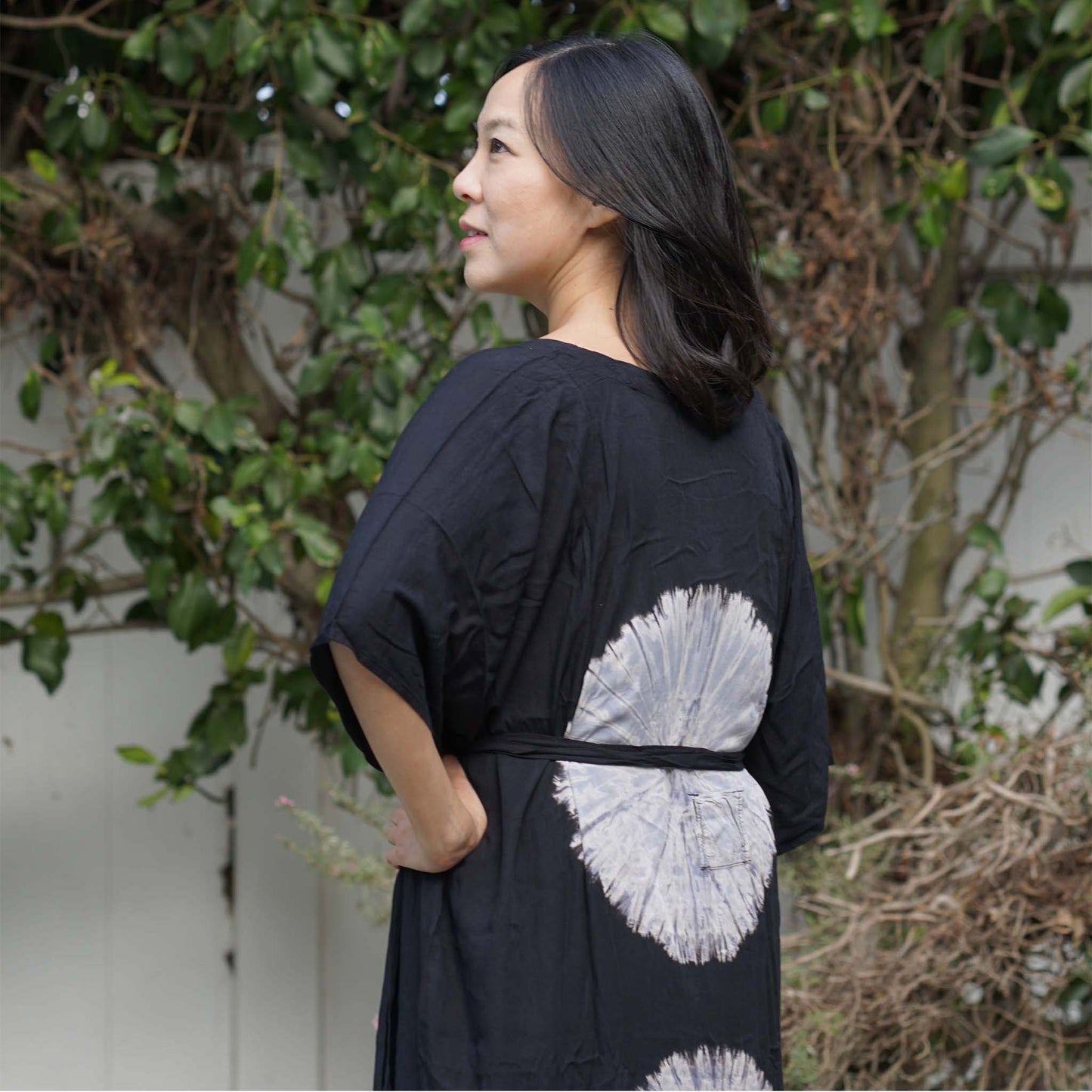 Kaftan Tie Dye Long Dress Shibori Black White Floral Pattern