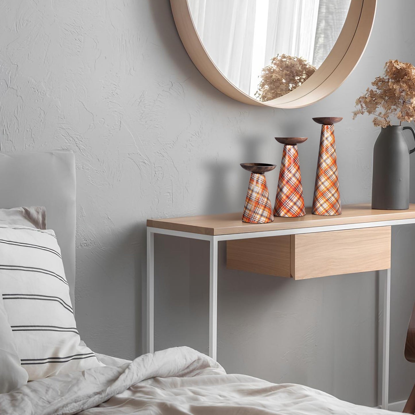 Plaid Pillar Candleholder Set - Ochre