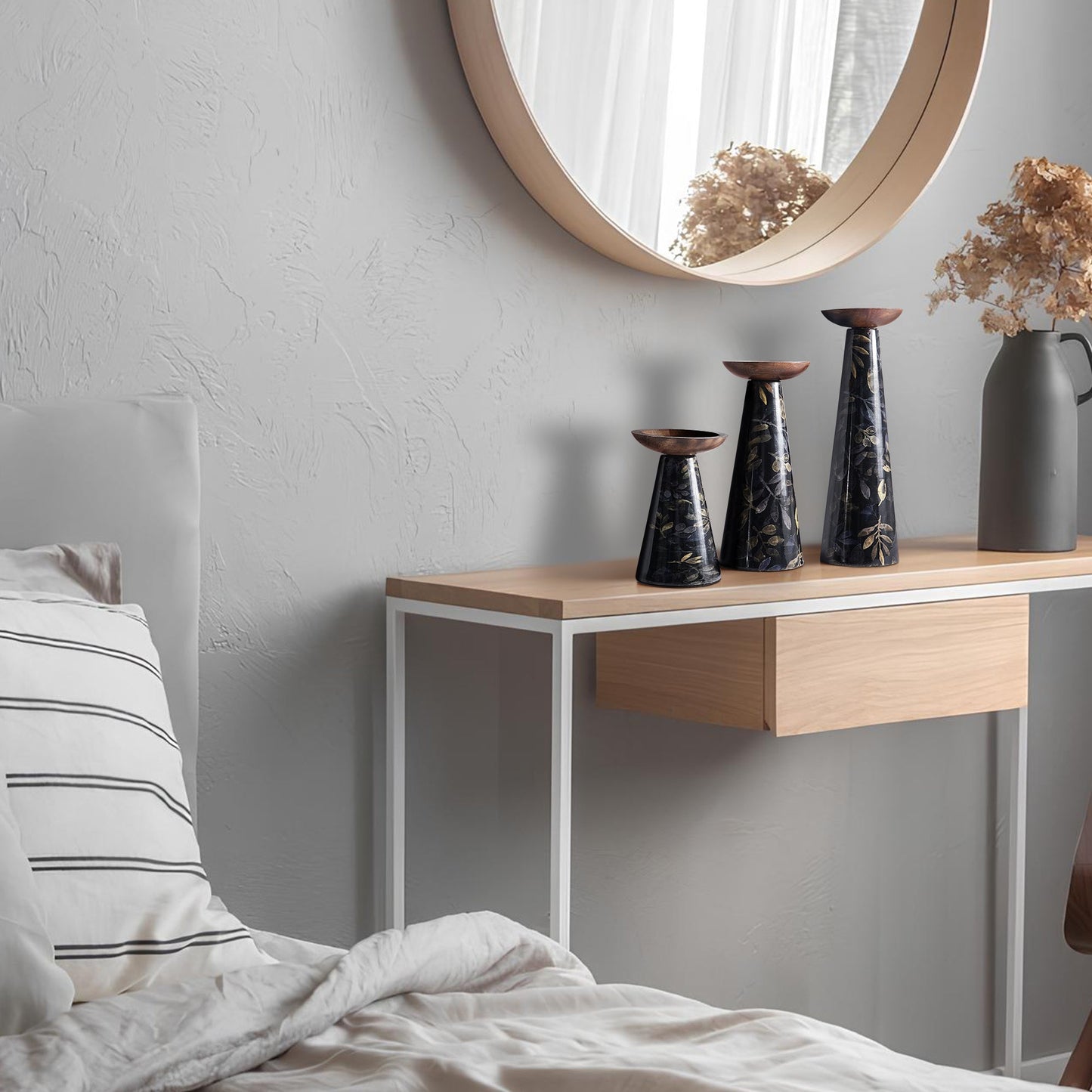 Deep Floral Pillar Candleholder Set