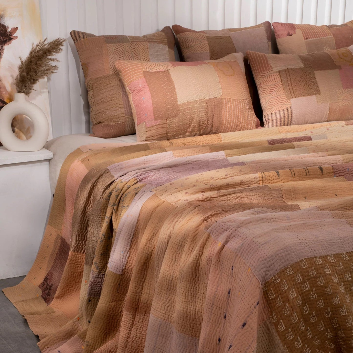 Mosaic Fray  Patch Vintage Kantha Throw - Mushroom
