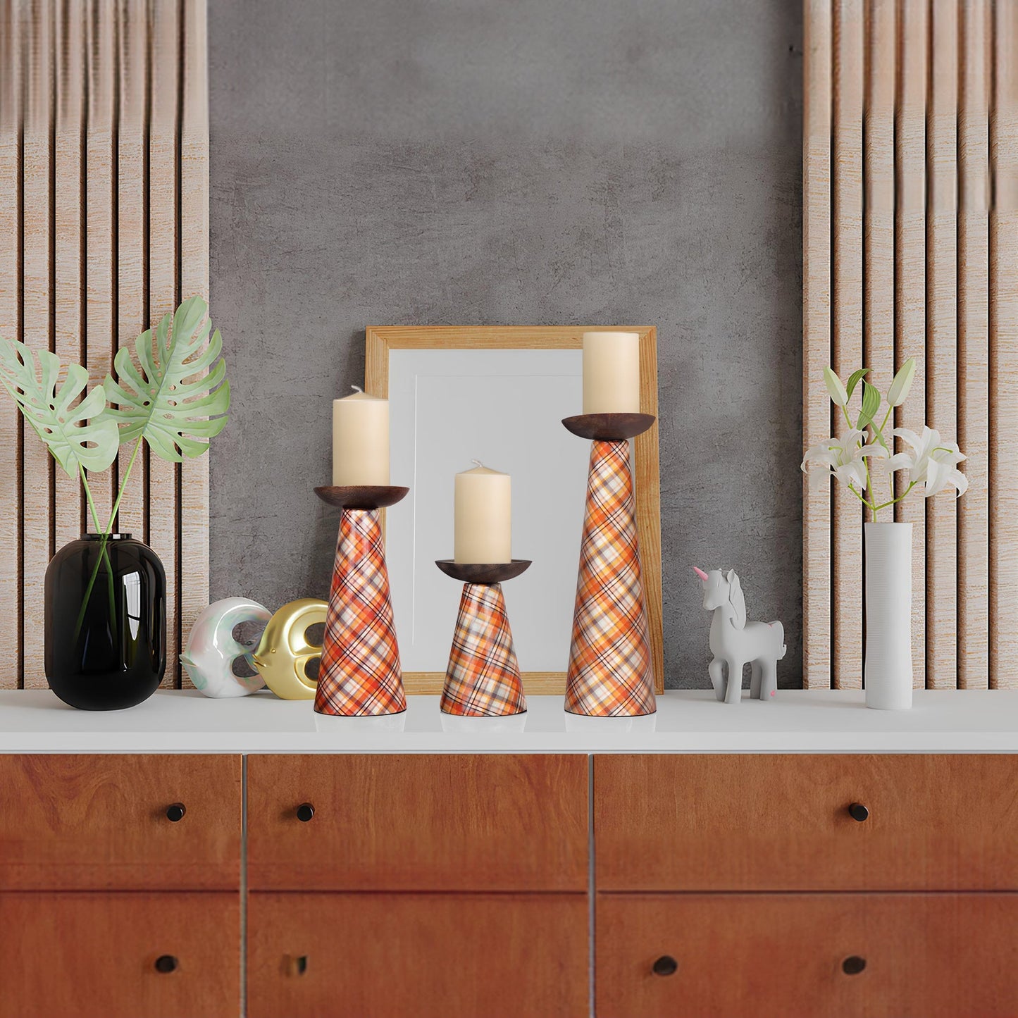 Plaid Pillar Candleholder Set - Ochre