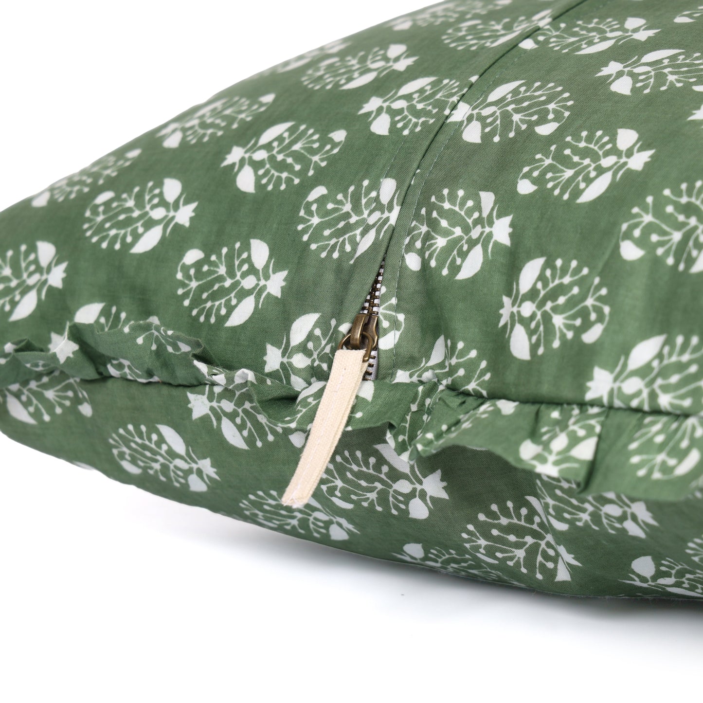 Block-Printed Pillow Cover | 20x20 Ruffled Cotton, Hidden Zipper