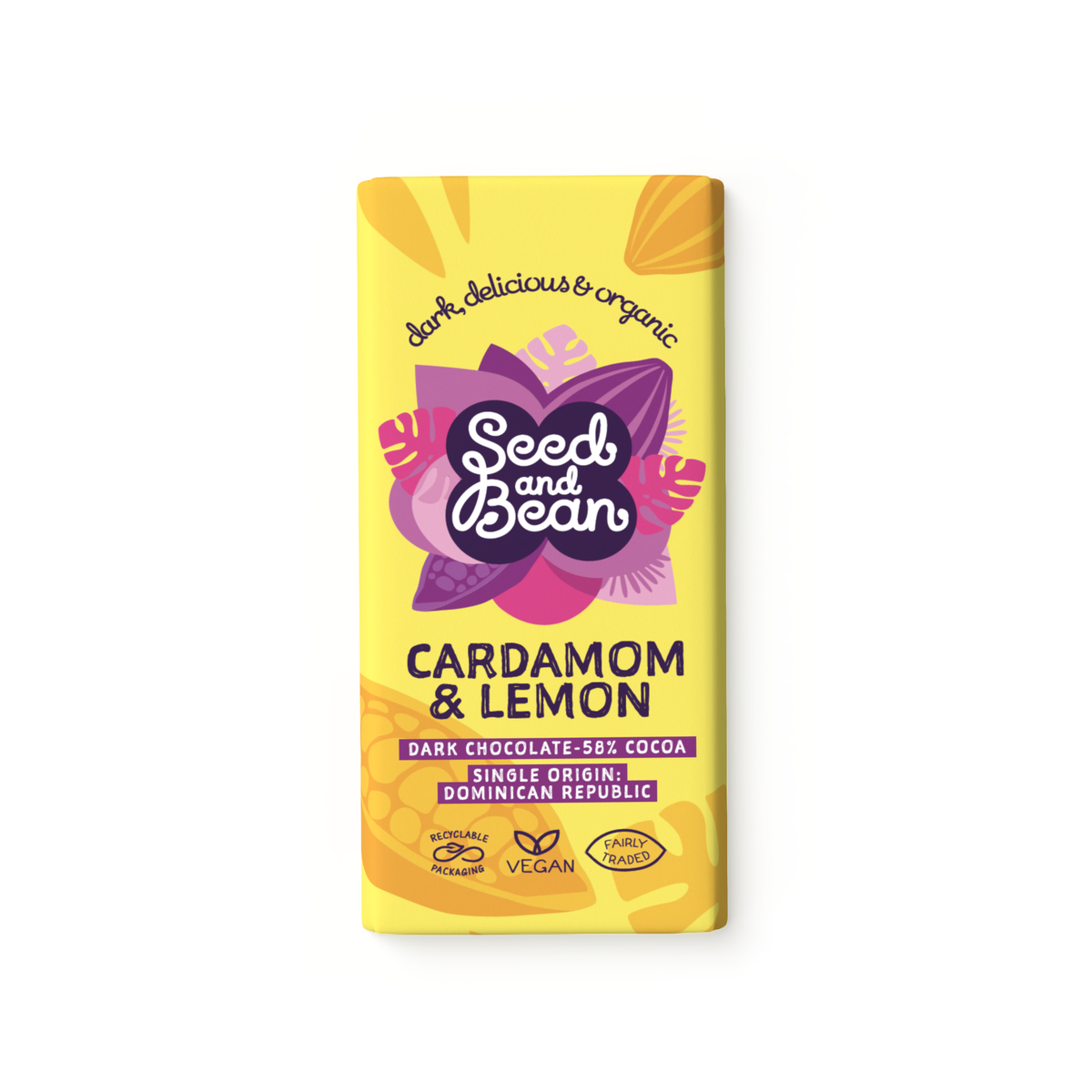 Lemon & Cardamom Dark Chocolate Bar - 75g - Organic, Vegan, 58% Cocoa