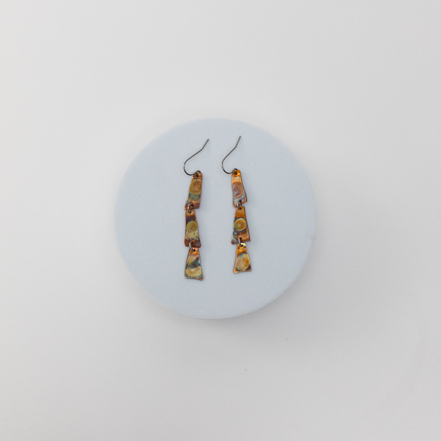 Copper Harbor Long Earrings | Repurposed Auto Copper Shims | Fire Patina | Stainless Steel Ear Wire