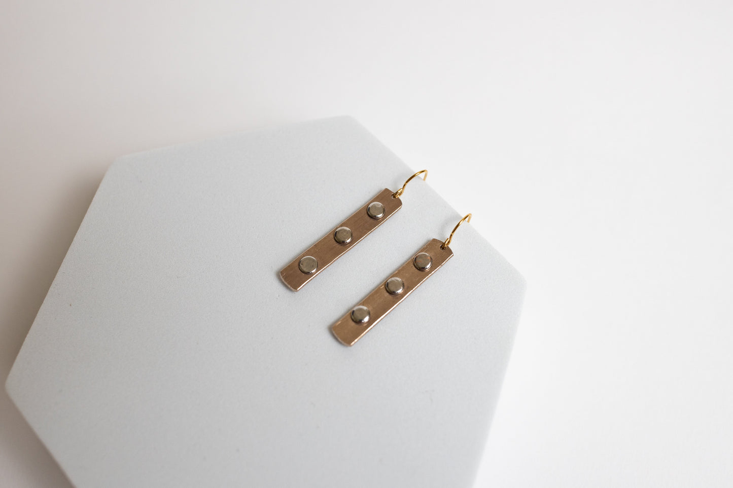 Like A Rock Earrings | Repurposed Auto Copper Brake Line | Steel Rivets | Gold Plated Ear Wire
