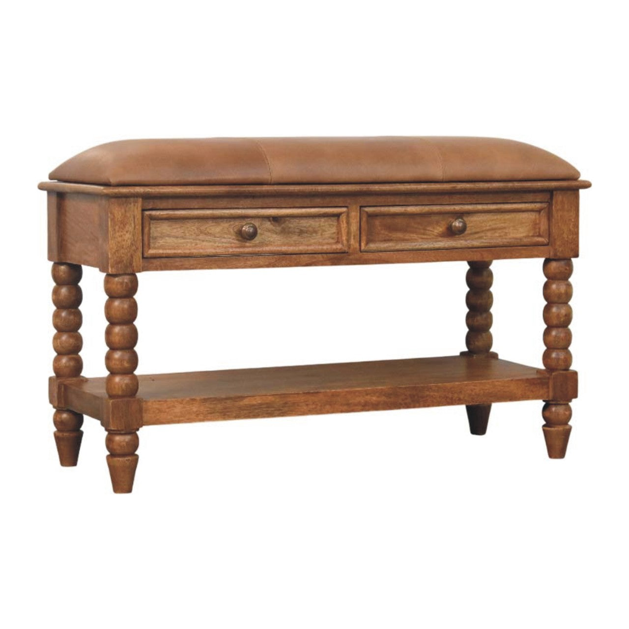 Solid Wood Leather Spindle Bench