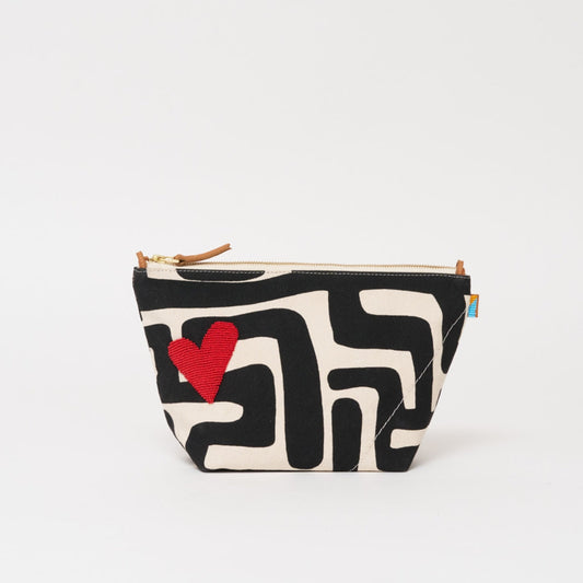 XLarge Convertible Pouch - Black Kuba with Beaded Red Heart with Short Leather Strap