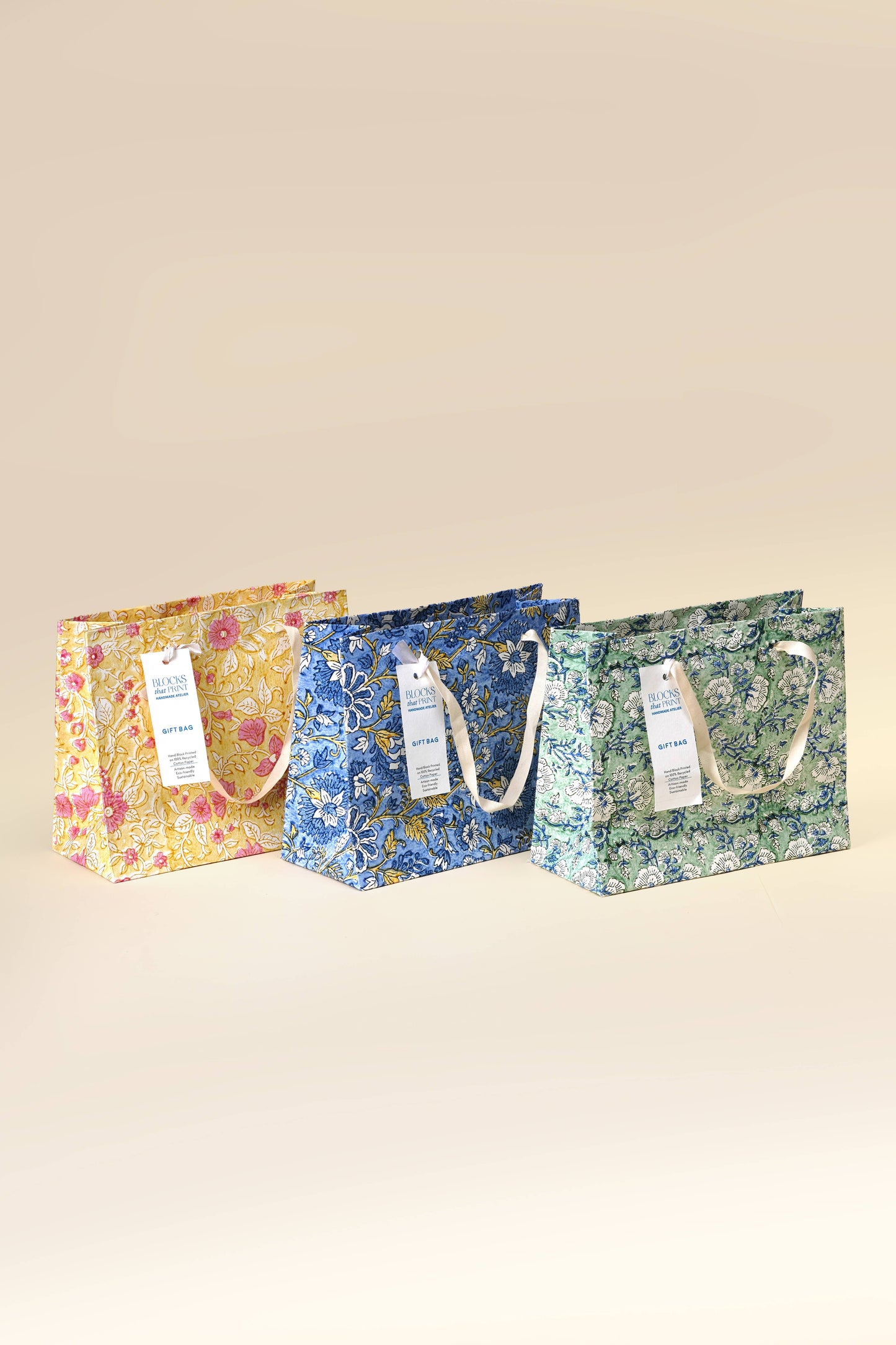 Medium (Set of 3) Hand Block Print Gift Bag- Heirloom Motifs